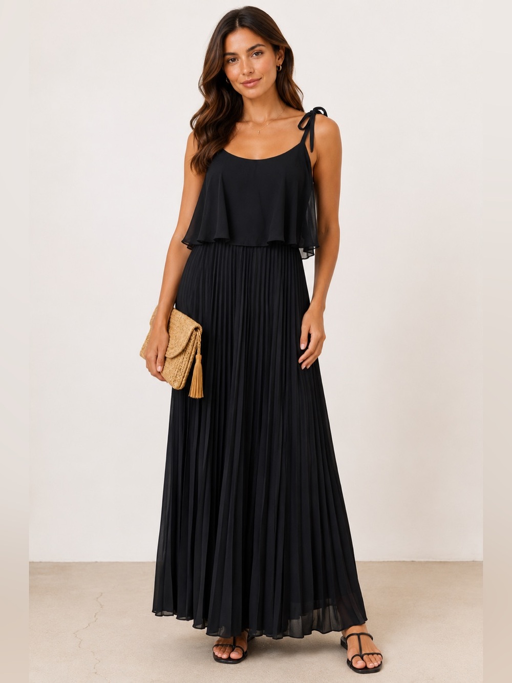 Vtg JT Jody of CA Strappy Pleated Overlay Maxi Dress Black Formal Evening  Sz M
